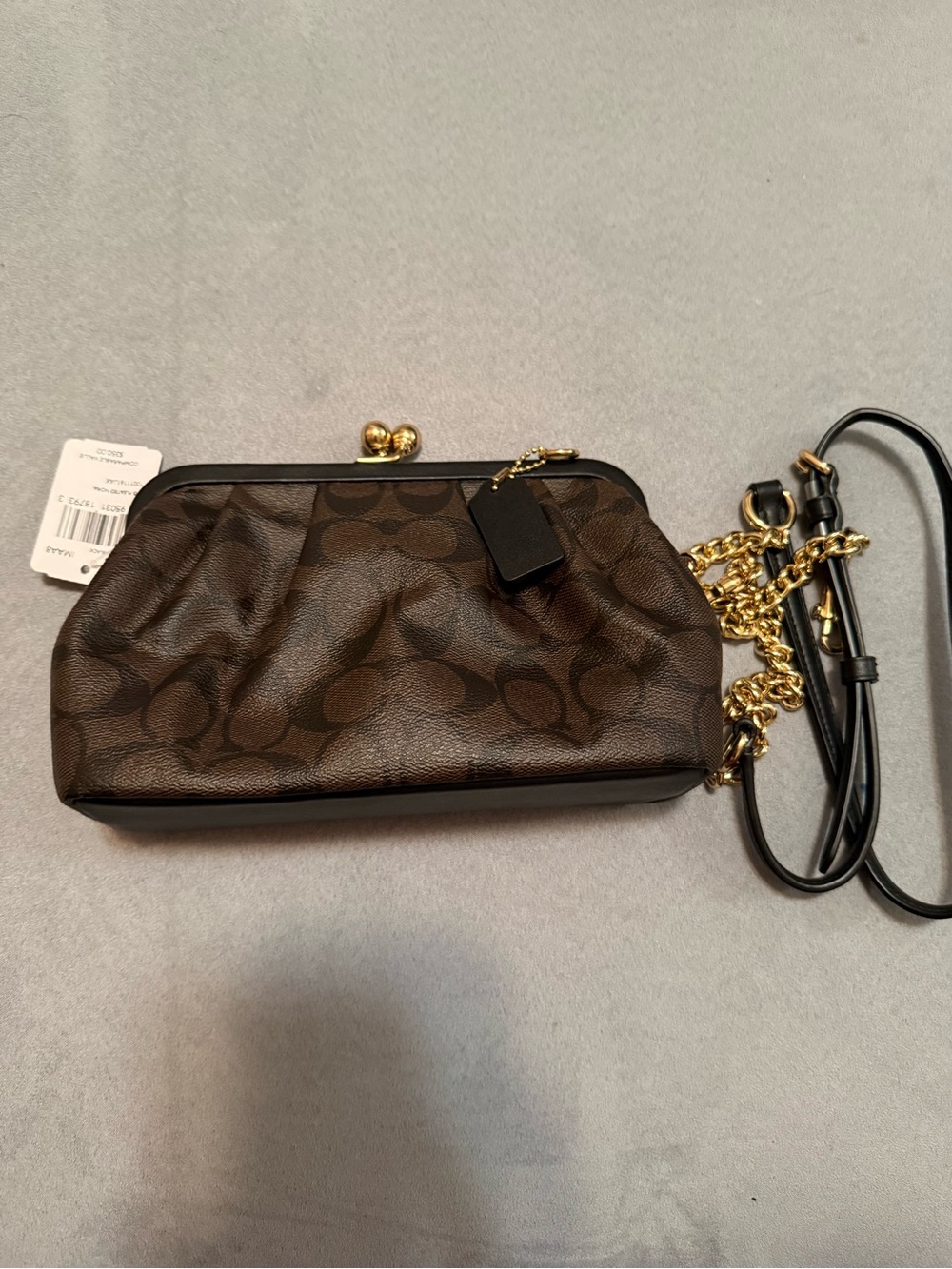 Coach Nora Signature Brown Kiss-Lock Crossbody Clutch with Gold Chain